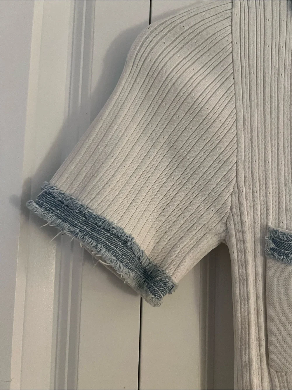 Sandro White Ribbed Maxi Dress with Light Blue Denim Trim - Picture 3 of 6